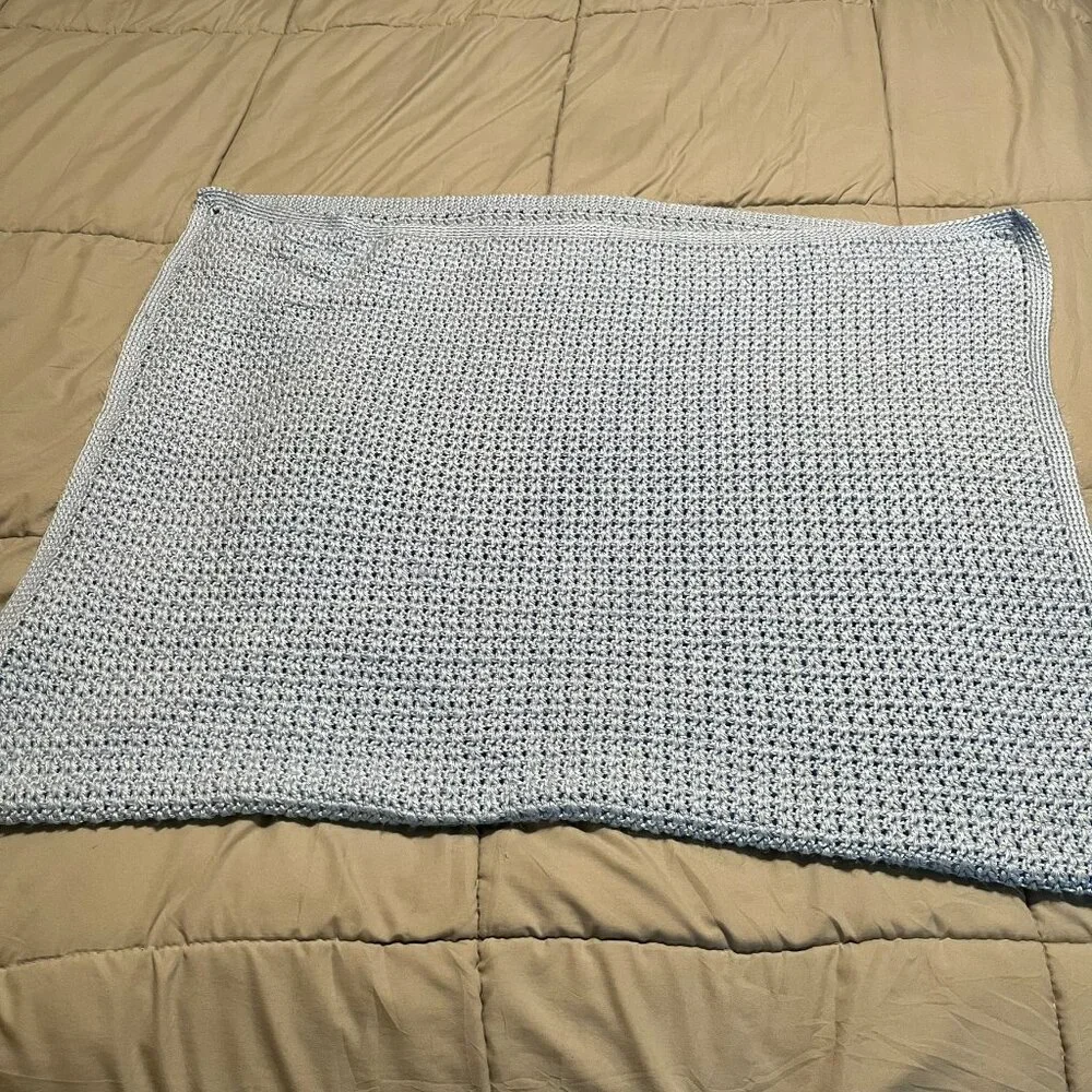 Blue Crochet Open Knit Baby Blanket Crib Security Lovey 48X32 Handmade